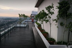 Une terrasse sur le toit offrant une vue sur la ville, agrémentée de plantes en pot et dotée d’une rambarde.