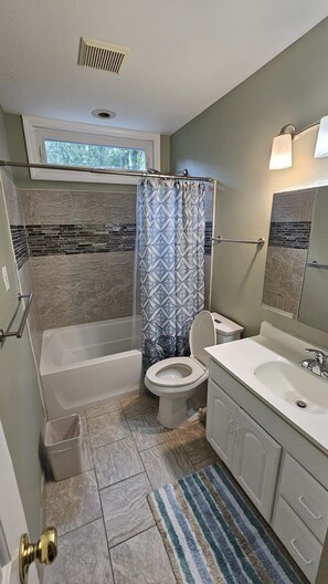 Hair dryer, towels, soap, shampoo