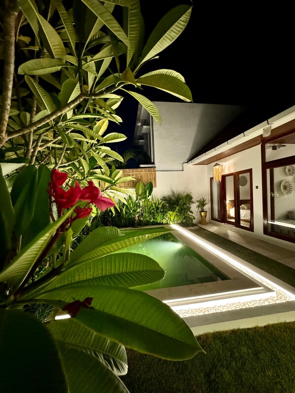 A modern outdoor pool area with lush greenery and a well-lit pathway.