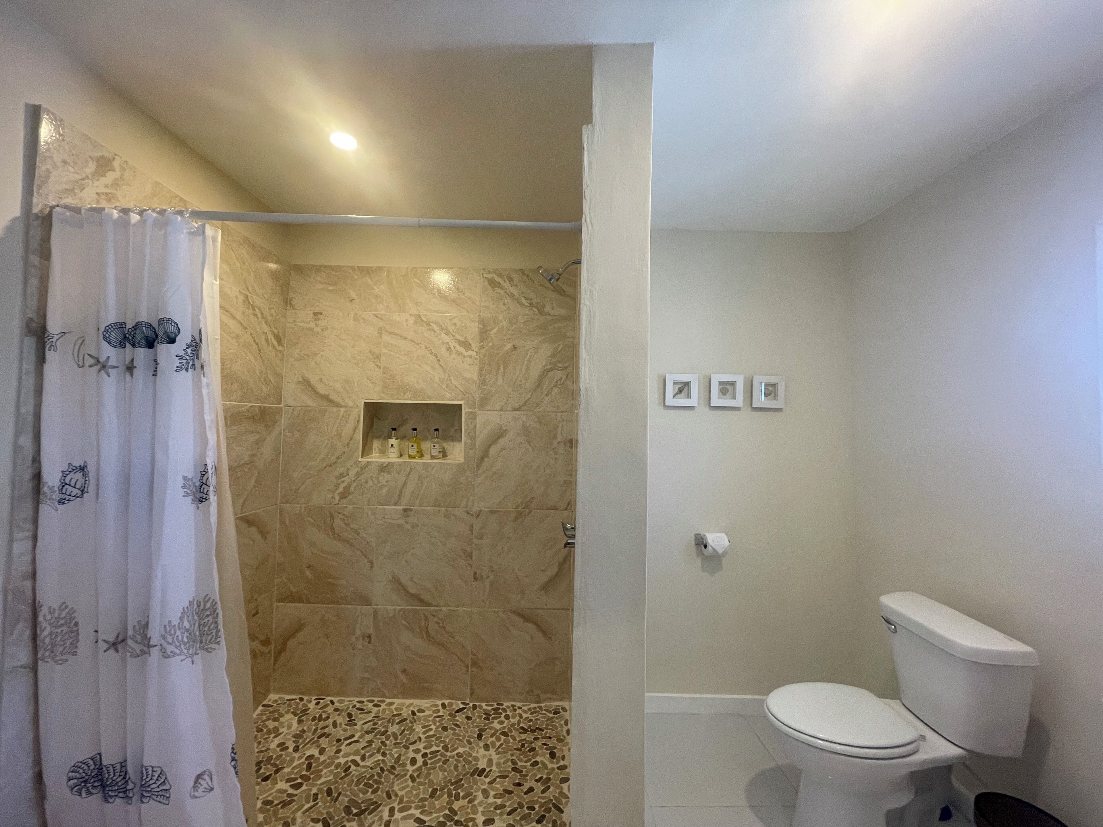 Un baño con ducha, inodoro y estante con artículos de aseo.