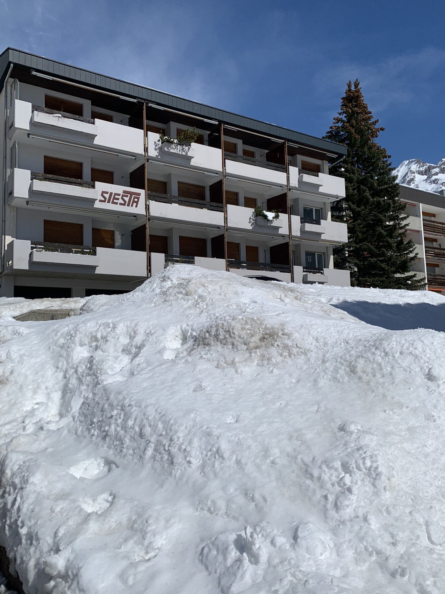 A multi-story hotel with a 'SIESTA' sign, featuring balconies and a view of snow-covered mountains.