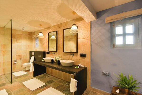 A modern bathroom with a large mirror, two sinks, a shower, and a potted plant. - Anopura Jaipur (Jamwa Ramgarh)