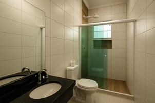 Shower, towels, soap, shampoo