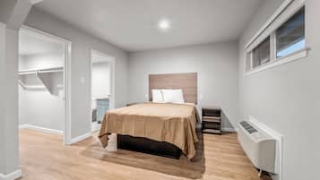 Een slaapkamer met een bed, inloopkast, raam en radiator.