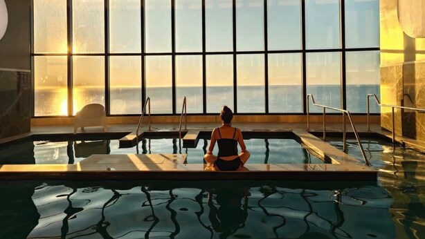A person sitting by a pool with large windows and a view of the sea.