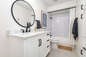 Hair dryer, bidet, towels, soap
