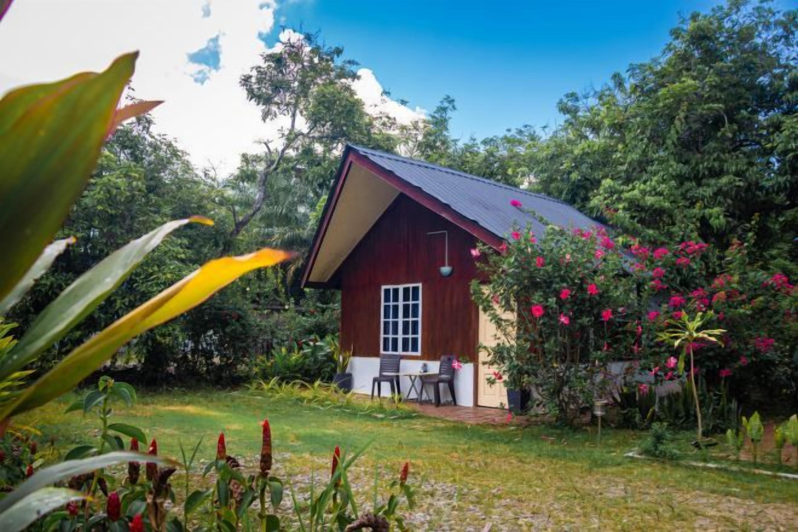 A small wooden house with a sloped roof, surrounded by lush greenery and flowering plants.