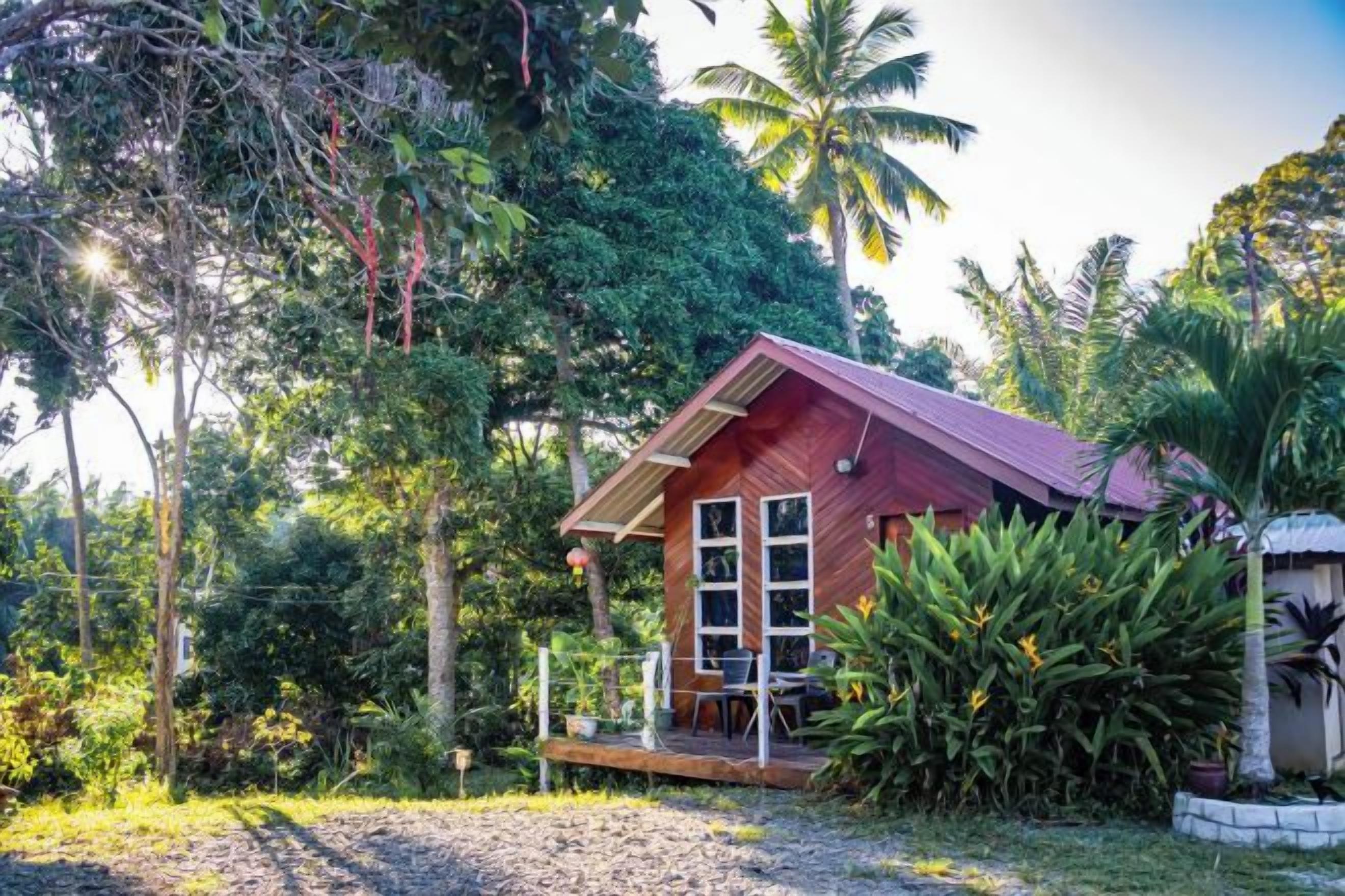 Une cabane en bois dotée d’une véranda, entourée d’une végétation tropicale.