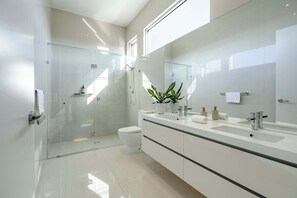 Shower, hair dryer, towels