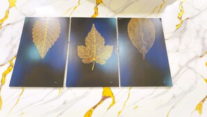 Trois œuvres d’art représentant des feuilles, encadrées et posées sur une surface en marbre.