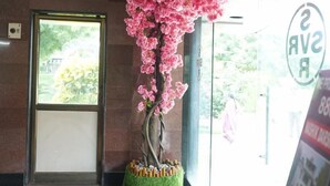 A lobby with a large window, a reception desk, and a decorative pink flower arrangement. - SVR Hotel Sai Samrat (Rahata)