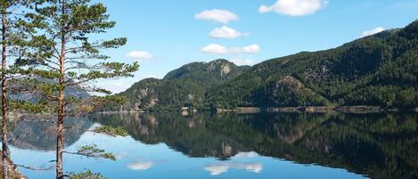Un lac paisible où se reflètent les arbres et les montagnes, entouré d’un paysage boisé.
