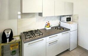 Fridge, stovetop, coffee/tea maker