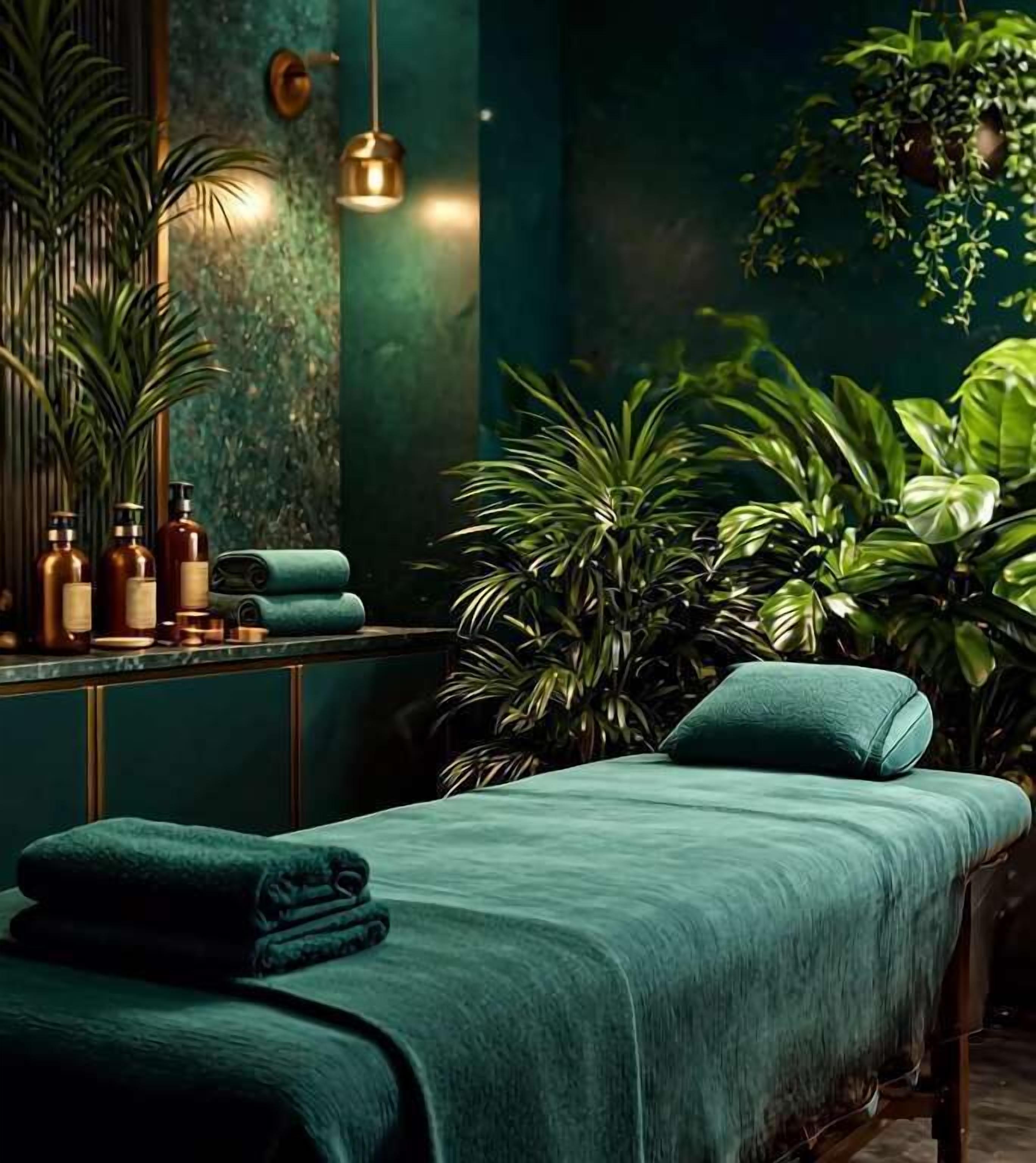 Une salle de spa équipée d’une table de massage, de serviettes vertes, de plantes et de bouteilles d’huiles.