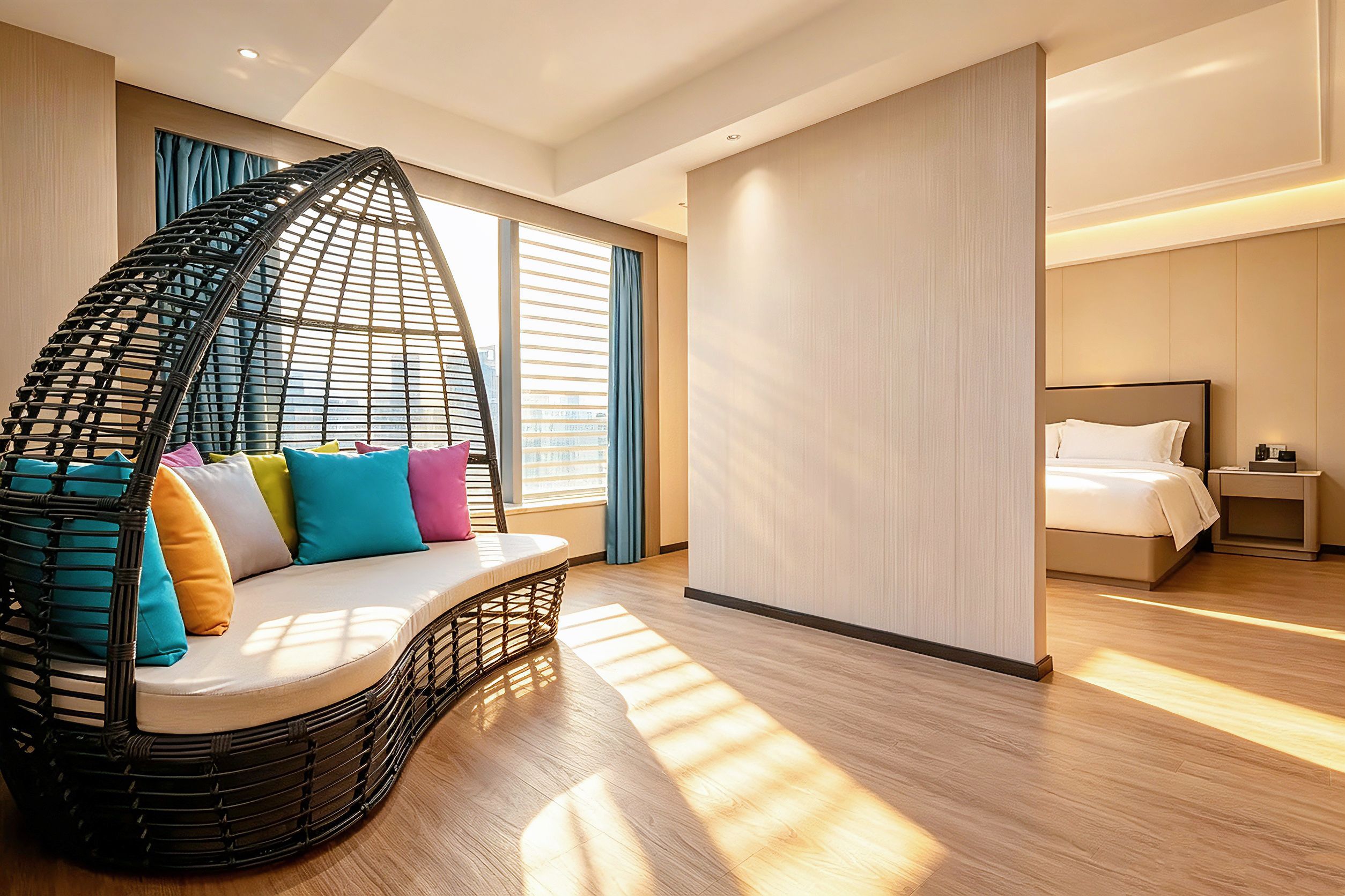 A modern hotel room with a curved hanging chair, a bed, and a large window.