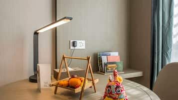 In-room safe, desk, laptop workspace, blackout curtains