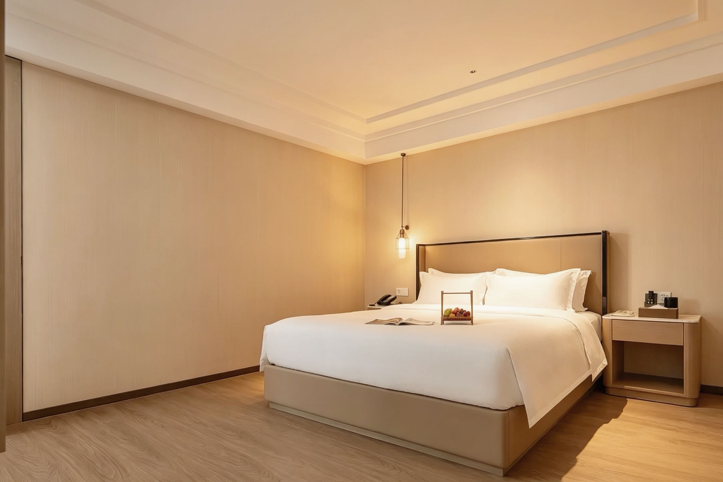 Una habitación de hotel con una cama grande, una mesita de noche y una lámpara colgante.