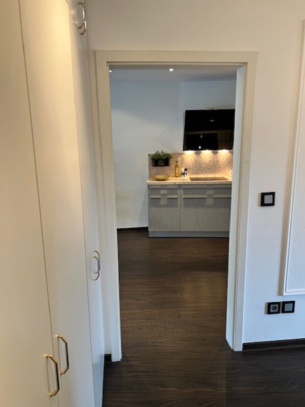 A hallway leading to a kitchen with a dark wooden floor, white walls, and a countertop with a sink and a small plant.