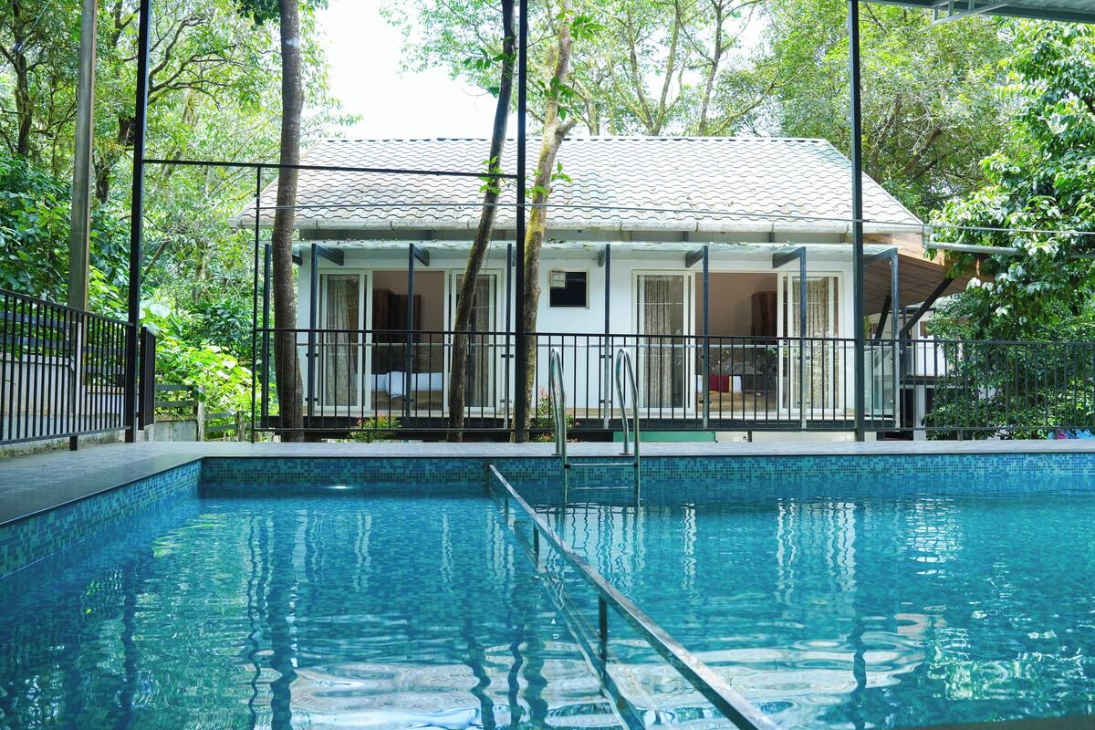 A swimming pool with a tiled edge, surrounded by a fence and trees.