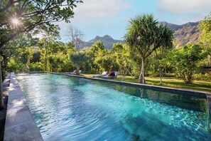 Una piscina al aire libre, sillones reclinables de piscina