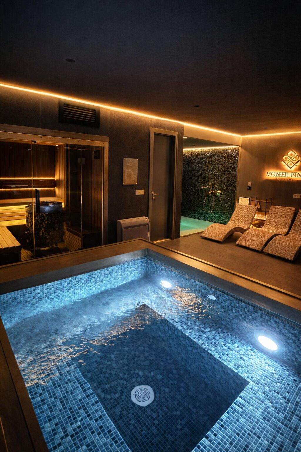 Un moderno espacio de spa con piscina climatizada, sauna y zona de relajación con sillones.