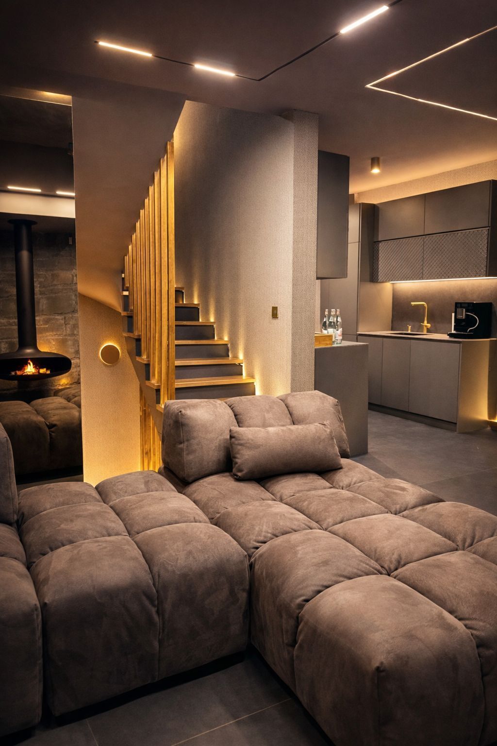 A modern living room with a large sectional sofa, a fireplace, and a kitchen area with a bar.