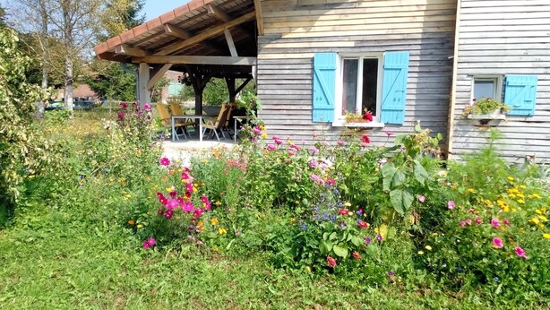 Une maison avec un jardin rempli de fleurs aux couleurs vives et une pergola en bois.