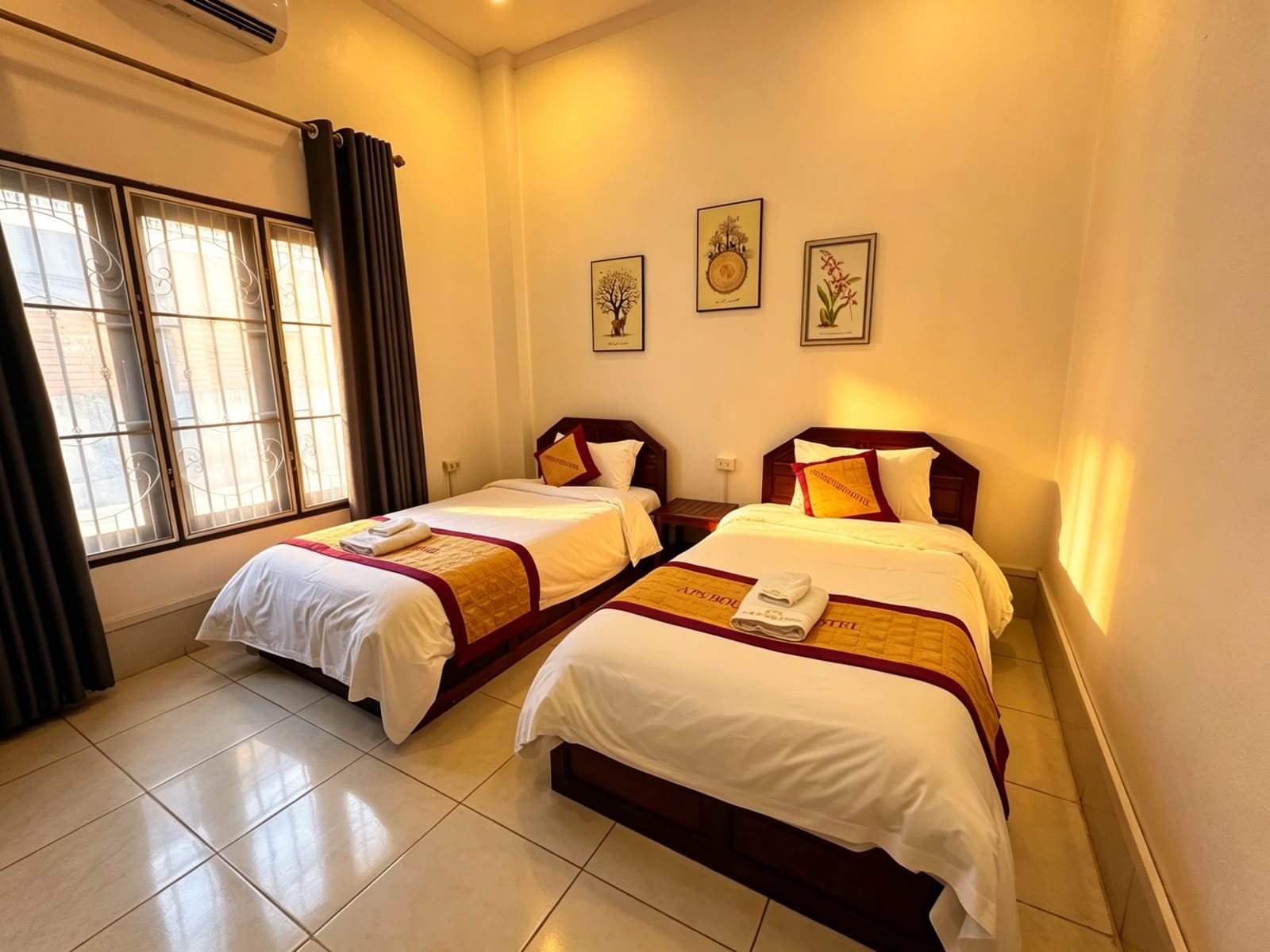 A hotel room with two beds, a window with curtains, and wall art.