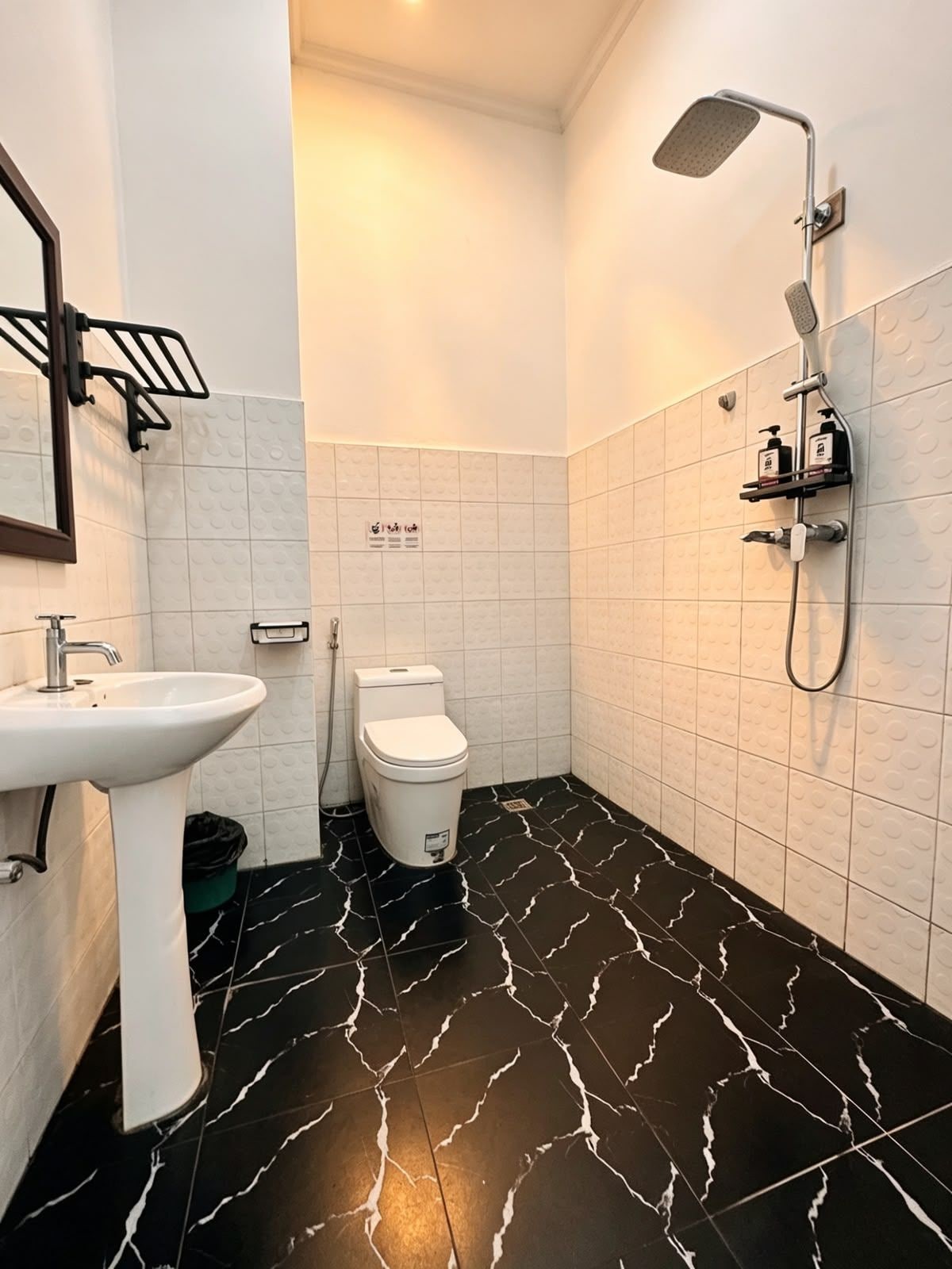 Een badkamer met een witte wastafel, toilet en douche.