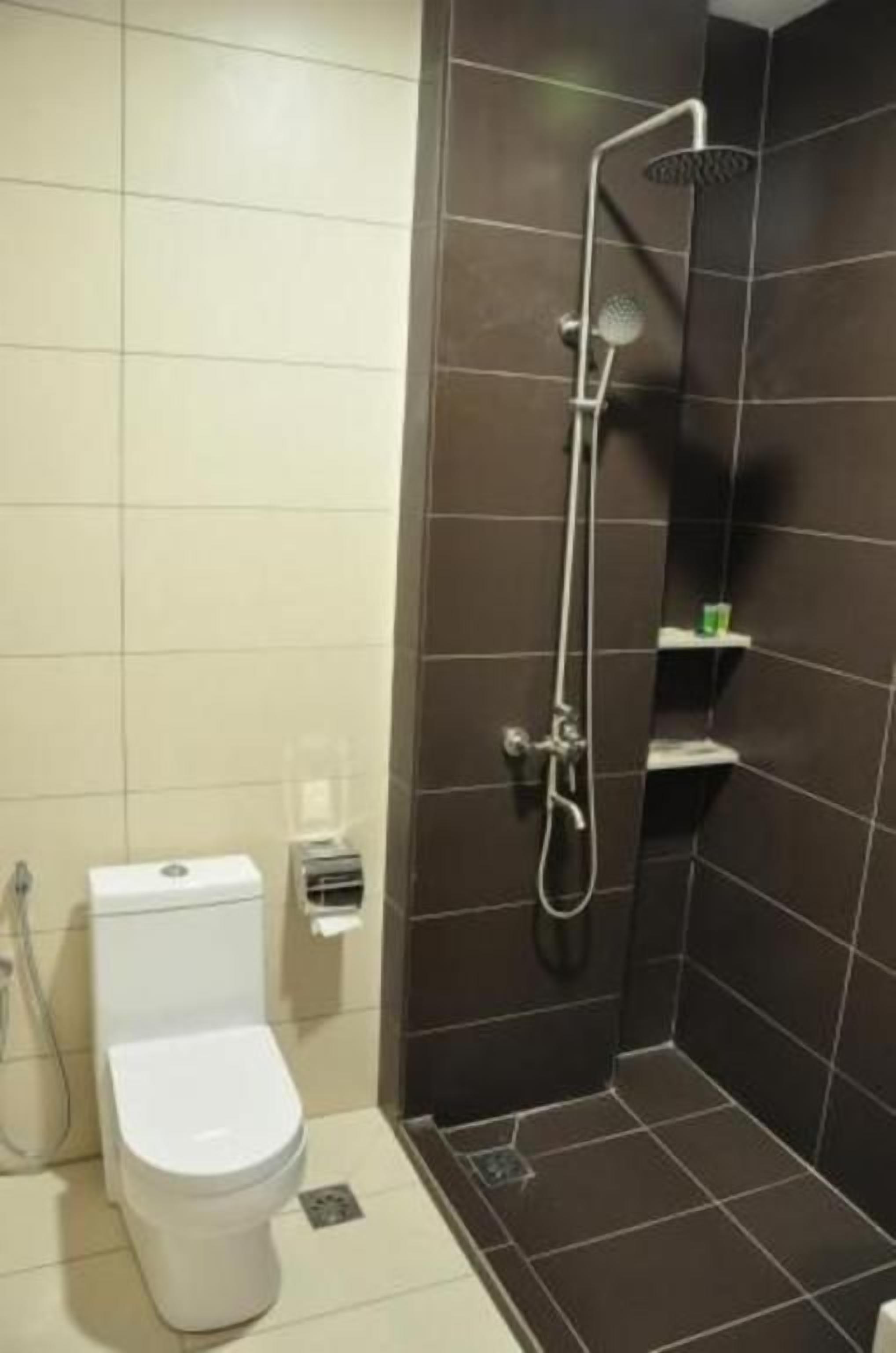 A bathroom with a toilet, a shower, and a small shelf.