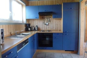 A compact kitchen with blue cabinets, a dishwasher, a stove, and a coffee maker. - Ferienhaus im Ferienpark Mueritz (Rechlin)