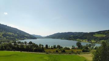 Ein See, umgeben von grünen Hügeln und einem klaren Himmel.