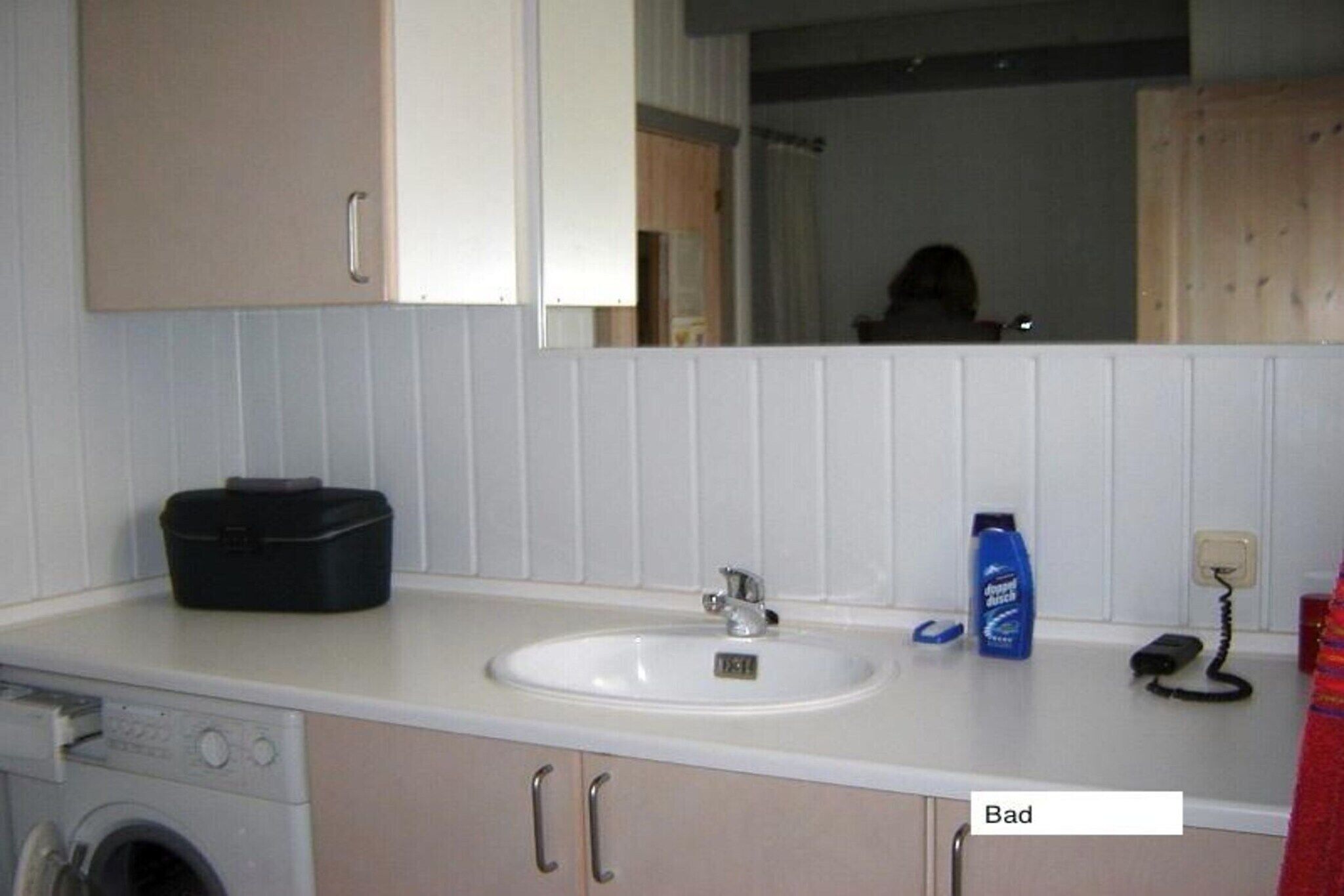 A bathroom with a sink, mirror, and a washing machine.