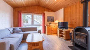 Un accogliente interno di una baita con soffitto in legno, un divano, una televisione, un camino e una finestra con tende.