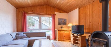 A cozy cabin interior with a wooden ceiling, a sofa, a TV, a fireplace, and a window with curtains.