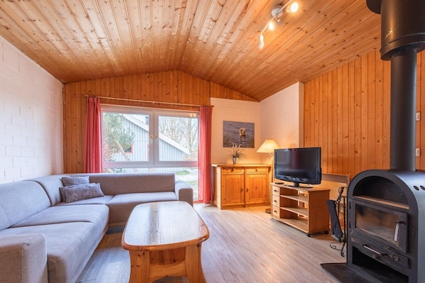 A cozy cabin interior with a wooden ceiling, a sofa, a TV, a fireplace, and a window with curtains.