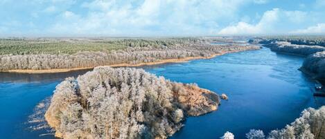 A river with a small island covered in trees.