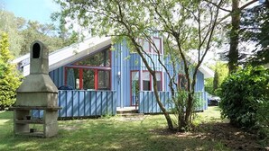 Una casa azul con chimenea, un porche pequeño y un árbol en el jardín.