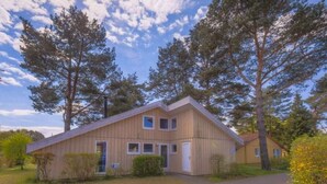 Une cabane en bois avec un toit à deux versants, entourée de grands arbres et sous un ciel dégagé.