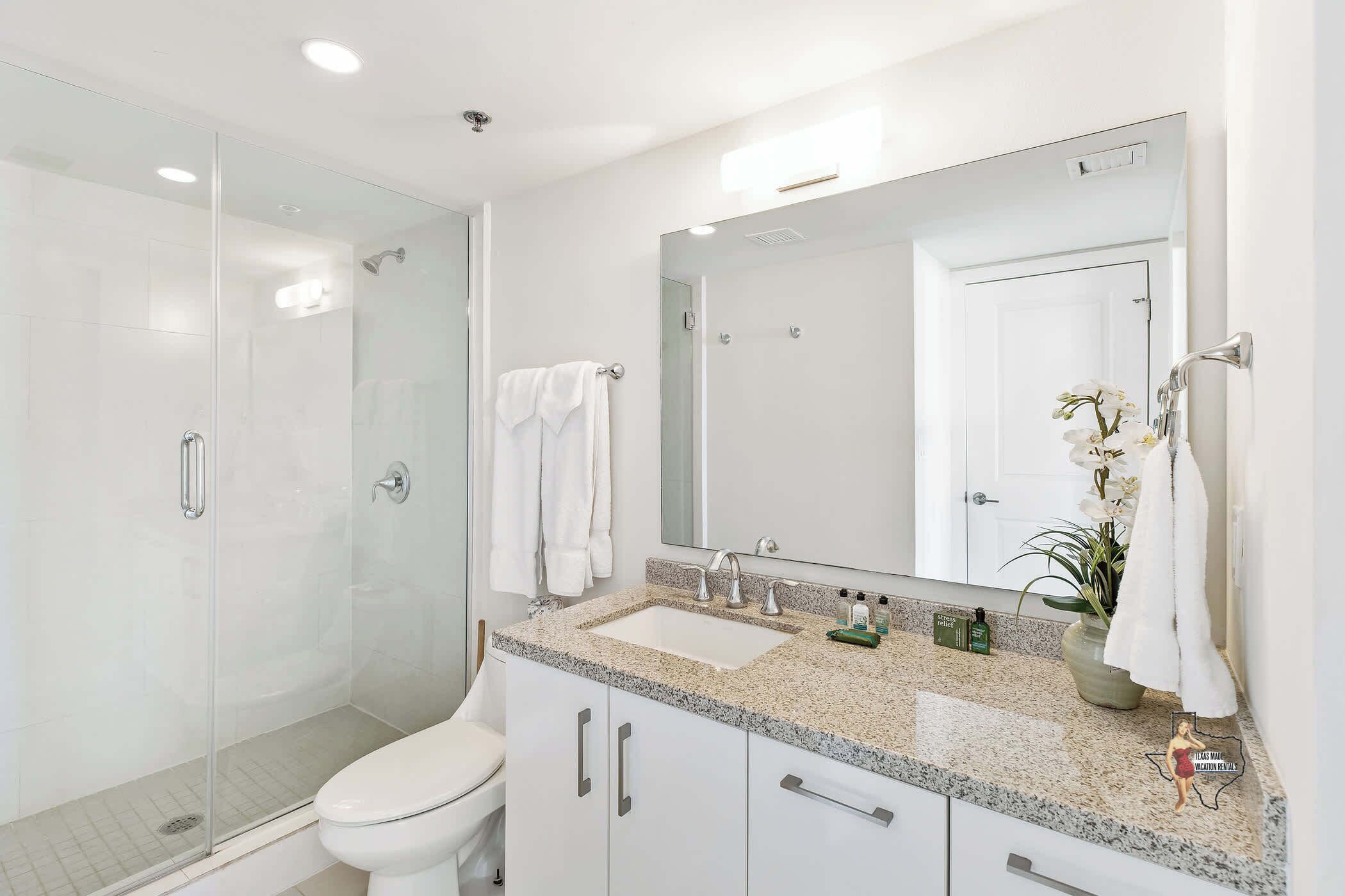 Une salle de bain moderne avec une douche en verre, des toilettes blanches, un comptoir en granit, un grand miroir et une orchidée en pot.