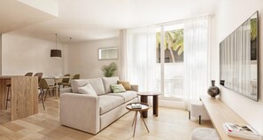 Leilighet, 2 soverom, terrasse, 1. etasje | Oppholdsområde | En 40-tommers Flatskjerm-TV med digitale kanaler