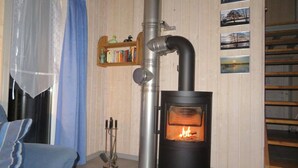Habitació amb una llar de llenya, una cadira blava, una prestatgeria i una finestra amb cortines.