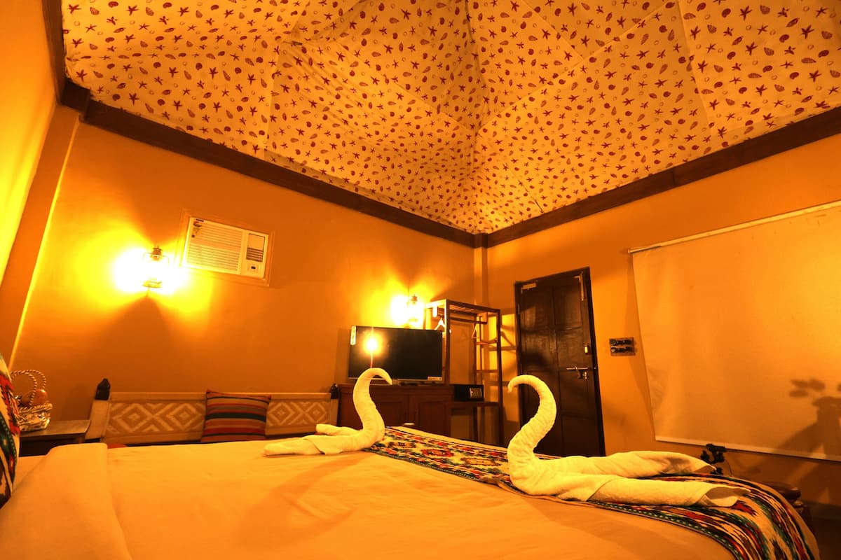 Habitación de hotel con una cama, televisión, aire acondicionado de pared y techo estampado.