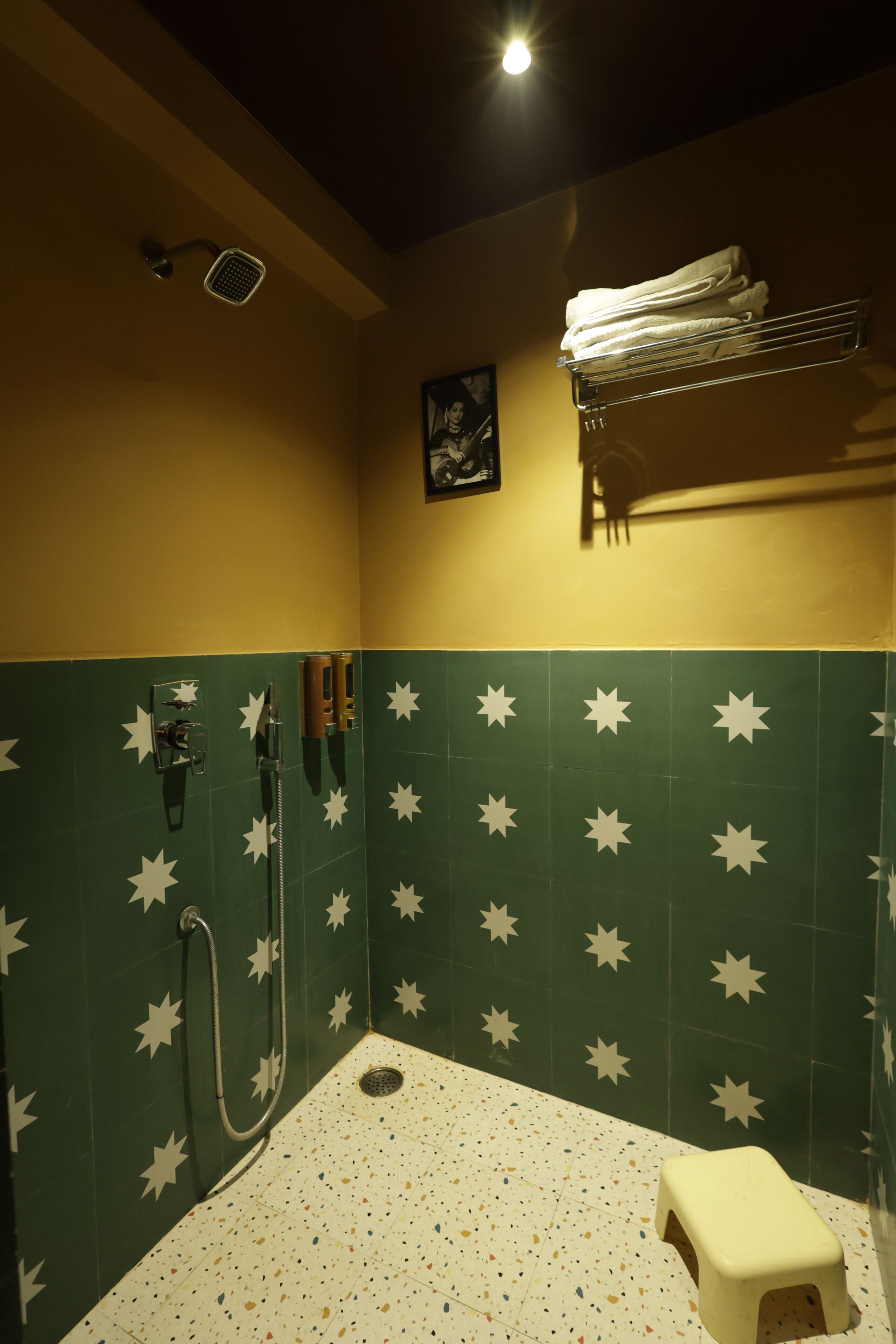 Un baño con paredes de color verde y diseño de estrellas, una ducha, un inodoro y un perchero para toallas.