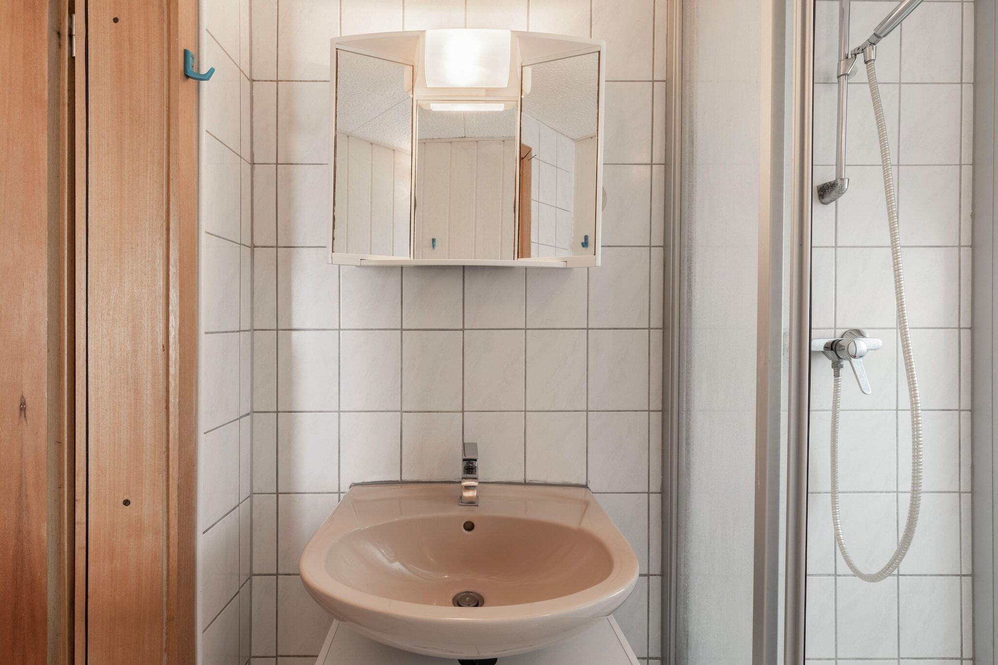 Un baño con lavamanos color beige, un espejo y una ducha.