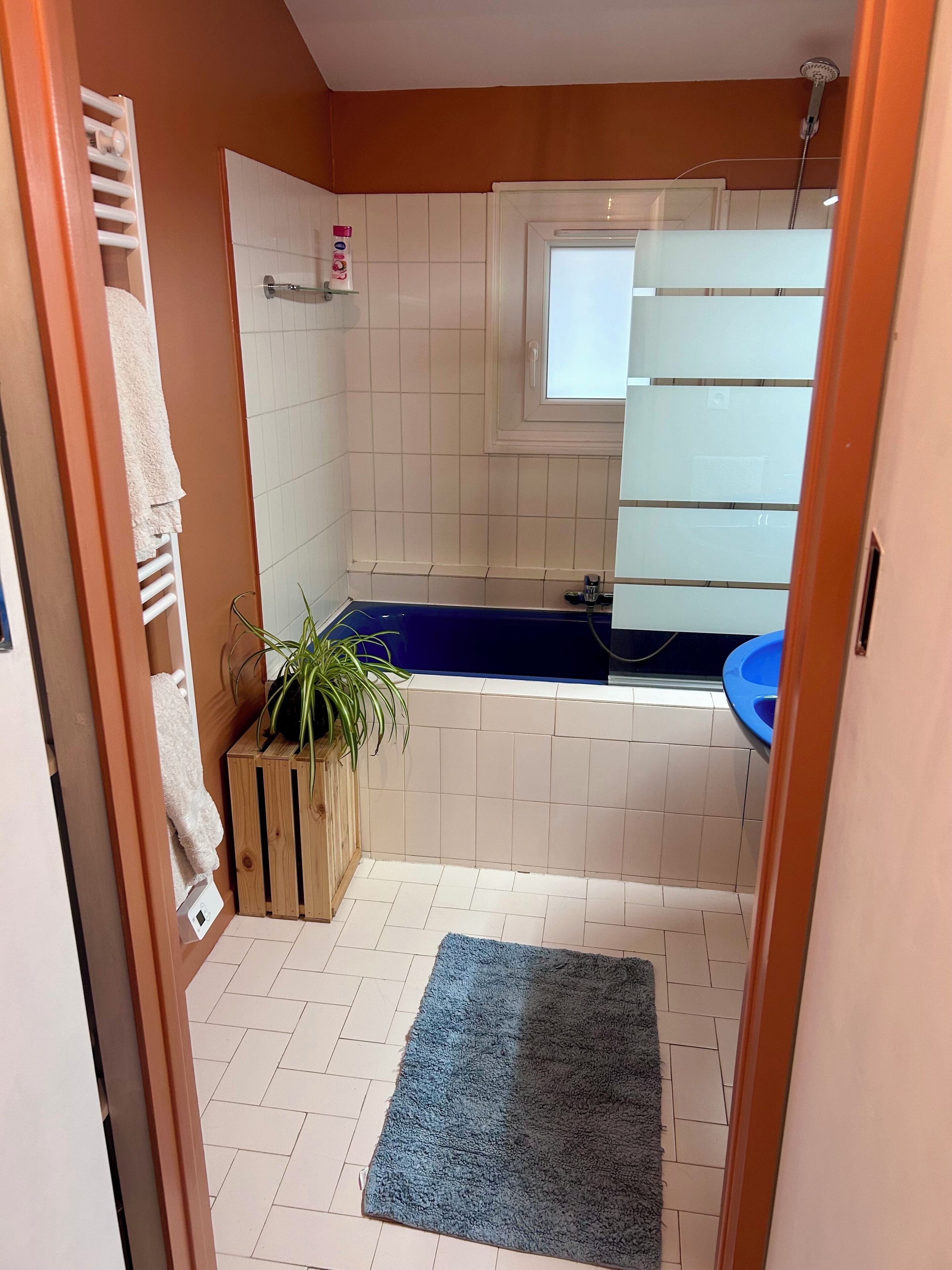 Douche, serviettes fournies, savon, shampoing