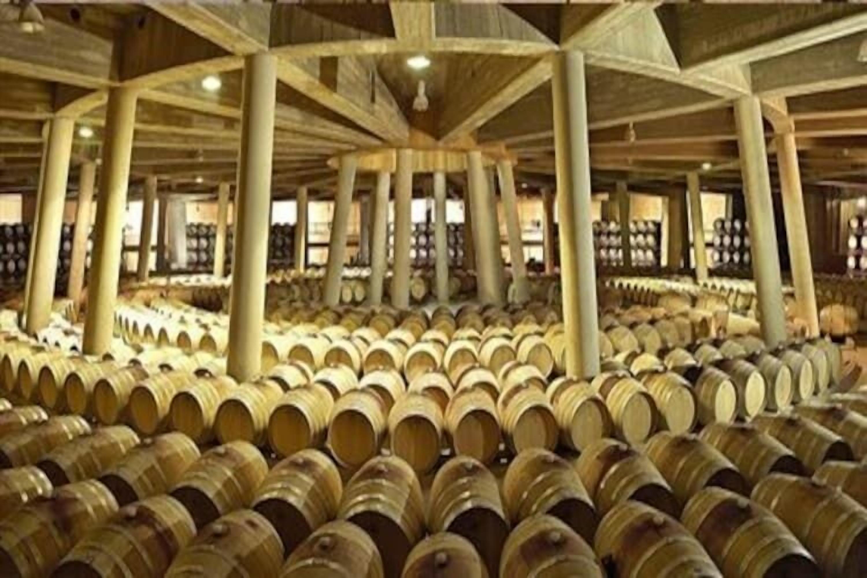 A large warehouse with rows of wooden barrels.