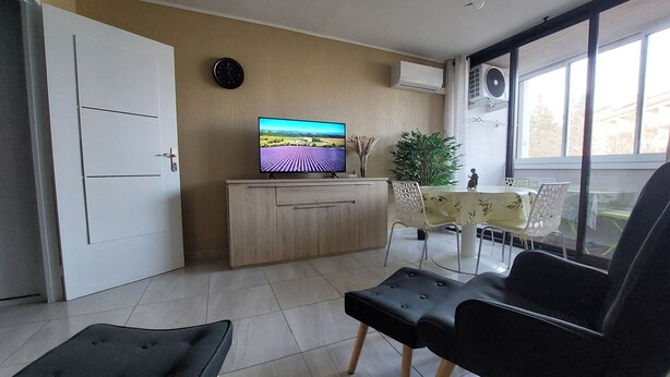 A living room with a TV on a wooden cabinet, a dining table with chairs, a potted plant, and a large window with a view.