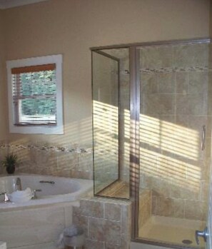 Shower, jetted bath, hair dryer, towels