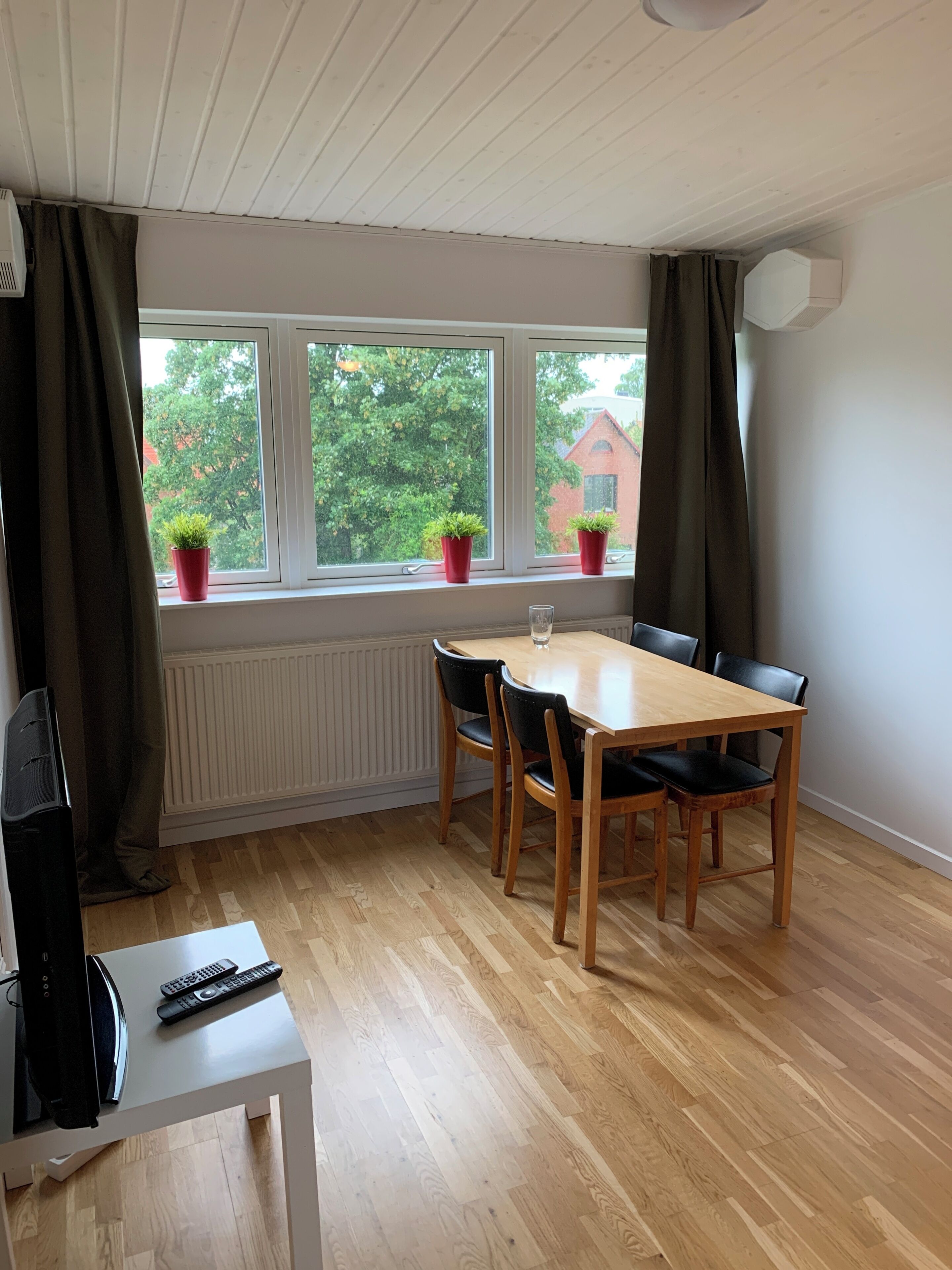 Ein Essbereich mit Holztisch und Stühlen, einem Fenster mit Vorhängen, einer Heizung und einem TV-Schrank mit Fernbedienung.